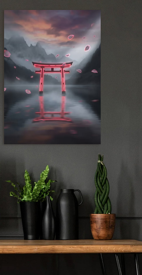 Neon Torii Gate in Misty Landscape — metal poster wall art by Lineer